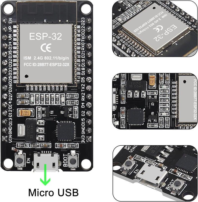 DORHEA 3 مجموعات ESP-WROOM-32 ESP32 ESP-32S لوحة تطوير 30 دبوس واجهة Micro USB WiFi ESP-WROOM-32 مع لوحة تفكيك ESP32 درع محول طرفي لـ ESP32 30 دبوس - Image 3
